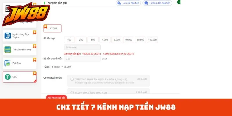 Chi tiết 7 kênh nạp tiền JW88